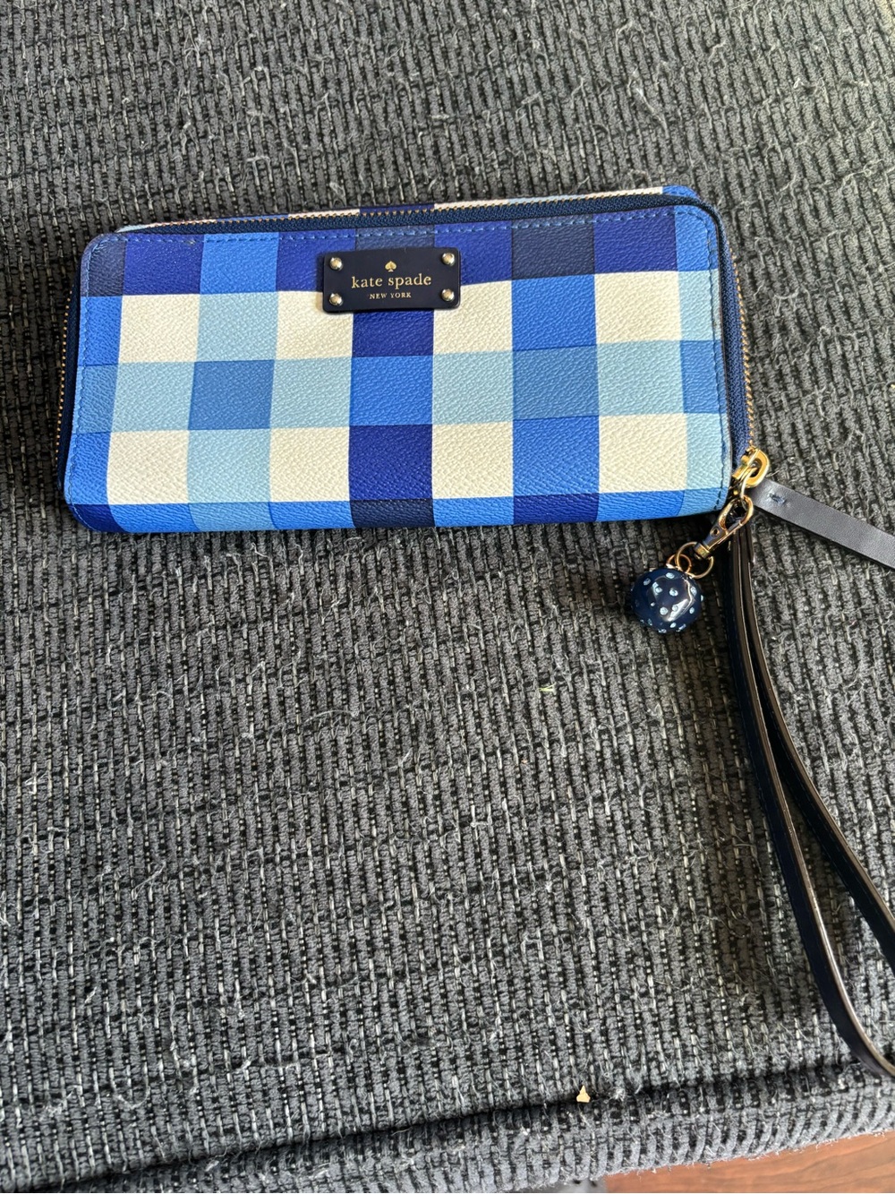 kate spade Blue Plaid Zip-Around Wristlet Wallet with Charm